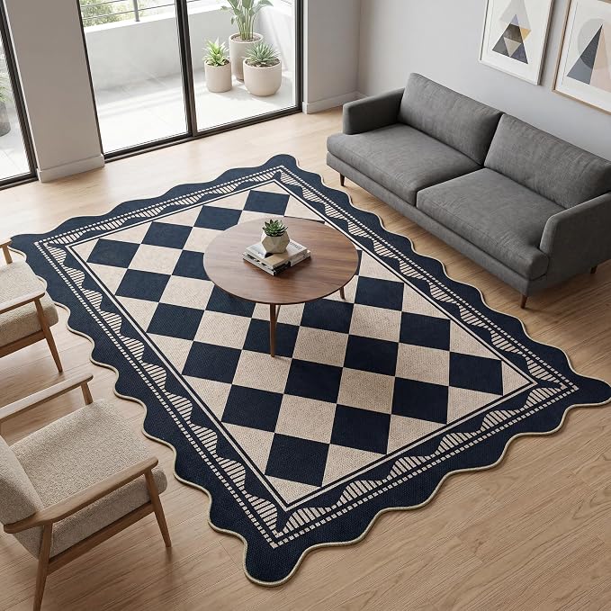 Garvee Easy Jute 8x10 Area Rug Scalloped Rugs for Living Room，Black/White | Indoor Outdoor Washable Rugs for Bedroom Non Slip Stain Resistant Low Pile Throw Rug for Dining Room Nursery