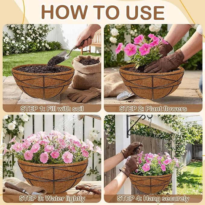 4 Pack 14 inch Metal Hanging Baskets for Plants Outdoor Metal Wire Hanging Basket Planter with Coco Fiber Liners Flower Pots for Home Porch Garden Patio, Diamond-Shaped