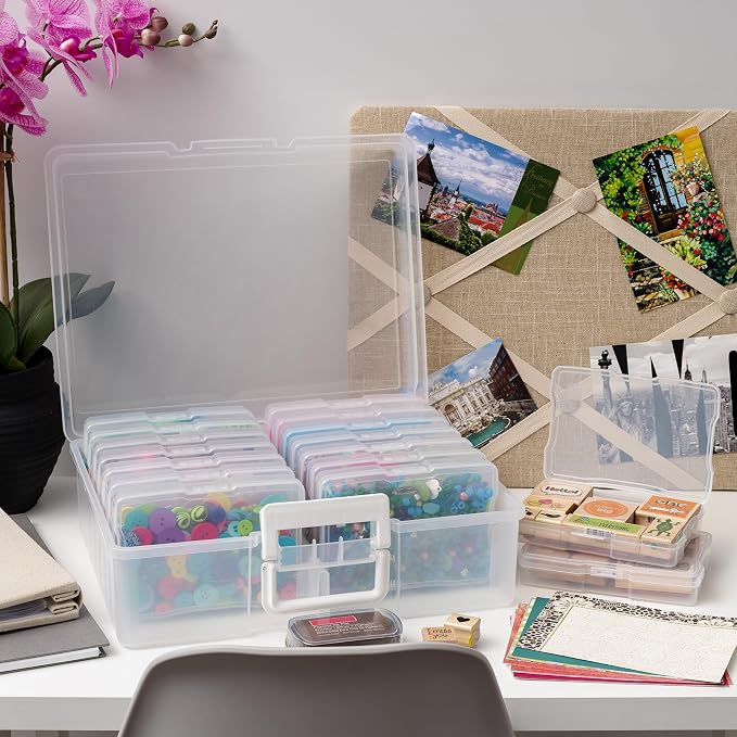 IRIS USA 4" x 6" |Made in USA| 2-Pack Photo Organizers and Picture Storage Box with Handle, 16 Inner Cases/Containers for Tasks, Stickers, Ephemera, & Flashcards - Clear