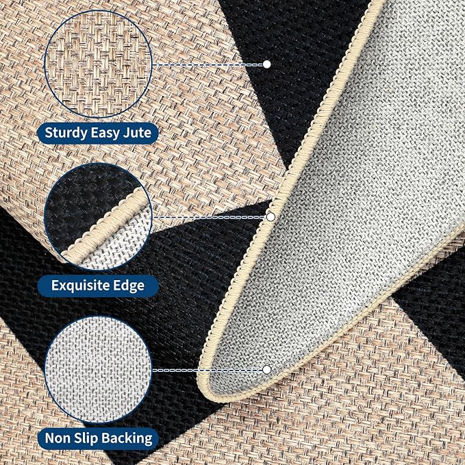 GarveeHome Checkered Easy Jute 5x7 Area Rugs for Living Room Black | Machine Washable Non-Slip Backing Stain Resistant Modern Indoor Outdoor Rugs for Farmhouse Dining Room Patio