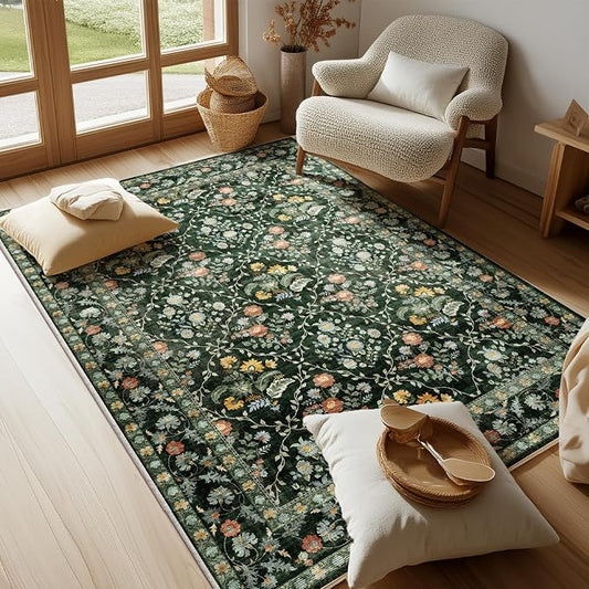 Vintage Botanical Dark Green Area Rug 4x6 Elegant Floral Pattern, Durable Stain-Resistant Fabric, Perfect for Living Room, Bedroom, Dining Room Decor