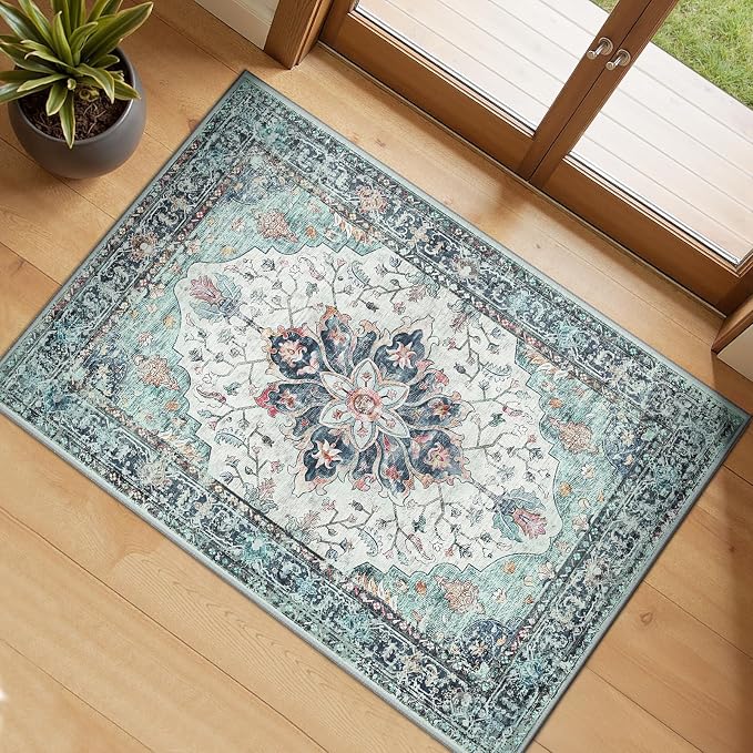 RELEANY Washable Area Rug, Small 2'x3', Teal Green/White/Navy | Non-Slip, Water Repellent, Pet Friendly, Easy to Clean, Vintage Floral Boho Decor for Kitchen Entryway Bathroom