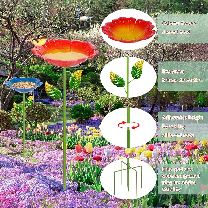 2 Pack Bird Baths for Outdoors, Colorful Metal Bird Bath for Outside, Hummingbird Bath with Five Stakes, Garden Flower Small Birdbath for Garden Decor, 31.3" H x 10.63" Dia (Cyan, Deep Red)