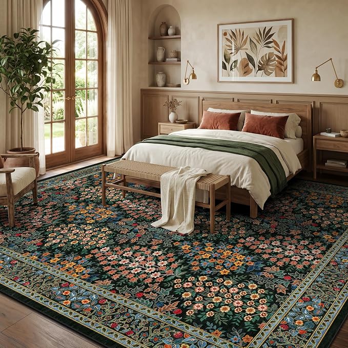 8x10 Area Rugs, Machine Washable Low Pile Floral Rugs for Living Room, Bedroom, Large Boho Area Rug with Non-Slip Backing for Dining Room(Black Floral)