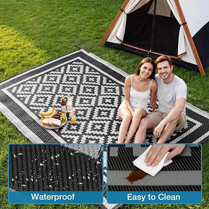 Kohree Outdoor Rug Waterproof 6x9 ft, RV Outdoor Plastic Straw Rug for Patios Clearance,Reversible Area Rug for Camping,Balcony,Deck,Black & Grey