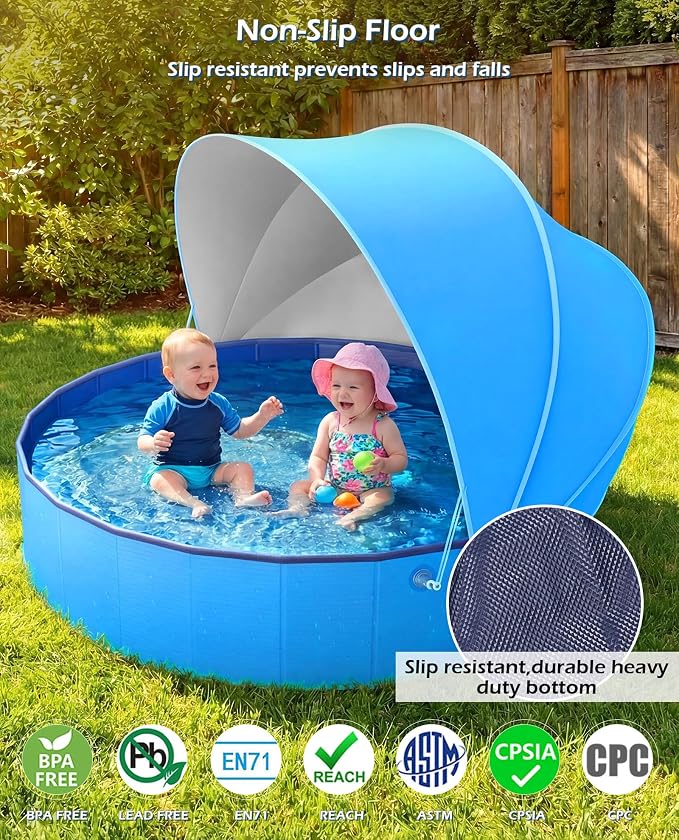 Jasonwell Kiddie Baby Pool with Canopy - Foldable Infant Toddler Kids Pool with Shade Baby Beach Essentials Tent Swimming Wading Pools for Toddlers 1-3 + Kids Dogs Ball Pit Backyard Water Play B, 79"