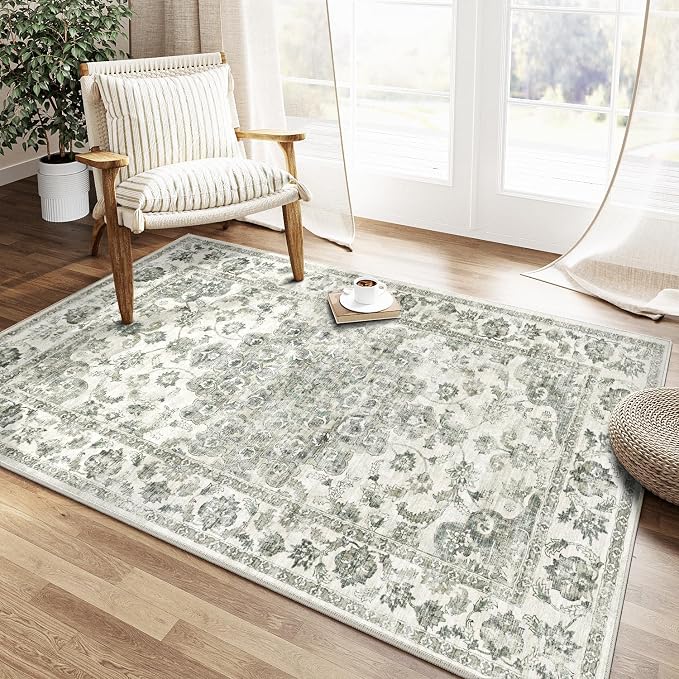 4x6 Green Neutral Area Rug | Washable, Non Slip, Soft Low Pile, Vintage Farmhouse, for Entryway Kitchen Bathroom Living Room Bedroom Indoor Home Decor