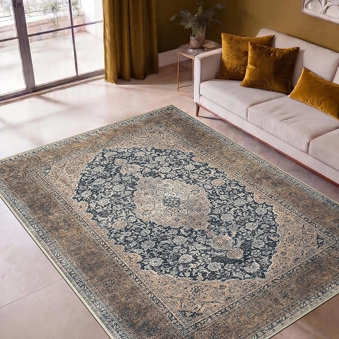 Keen Home Design Vintage Washable Area Rug, Non-Slip Low Pile, 4x6 | Machine Washable Cotton Chenille, 0.25In Low Pile, Rubber Non-Slip Back; Kitchen, Entryway, Bedroom, Dining Room