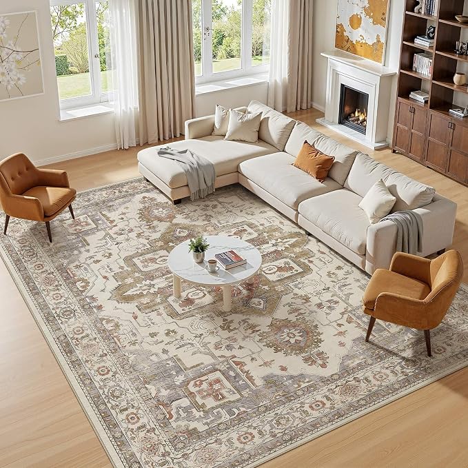 Vintage Washable 10x14 Area Rug for Living Room, Golden Taupe | Soft Low Pile Rug with Non-Slip Backing, Stain Resistant for Bedroom or Dining Room, Kid & Pet Friendly
