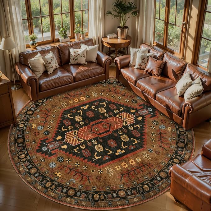 Ciicool 6ft Round Area Rug for Bedroom,Washable Large Circle for Kitchen | Vintage Non-Slip Low-Pile Oriental Indoor Mat Soft Boho Entry Carpet for Entryway Bedside Living Room Bathroom Dining Room