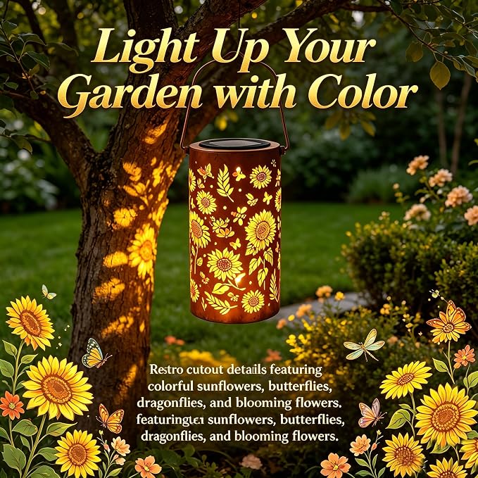 Sunflower Colorful Solar Lantern Outdoor Waterproof, Garden Decor Gifts for Women Mom Grandma, Hanging Solar Lantern Lights Metal Decoration Outside for Yard, Patio, Backyard, Porch