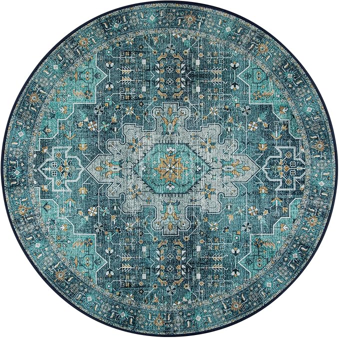 Moynesa Ultra-Thin Washable Round Rug - 6ft Teal Large Living Room Circle Area Rugs, Vintage Dining Room Mat Stain Resistant Nursery Carpet for Bedroom Mudroom Kitchen Apartment Home Office