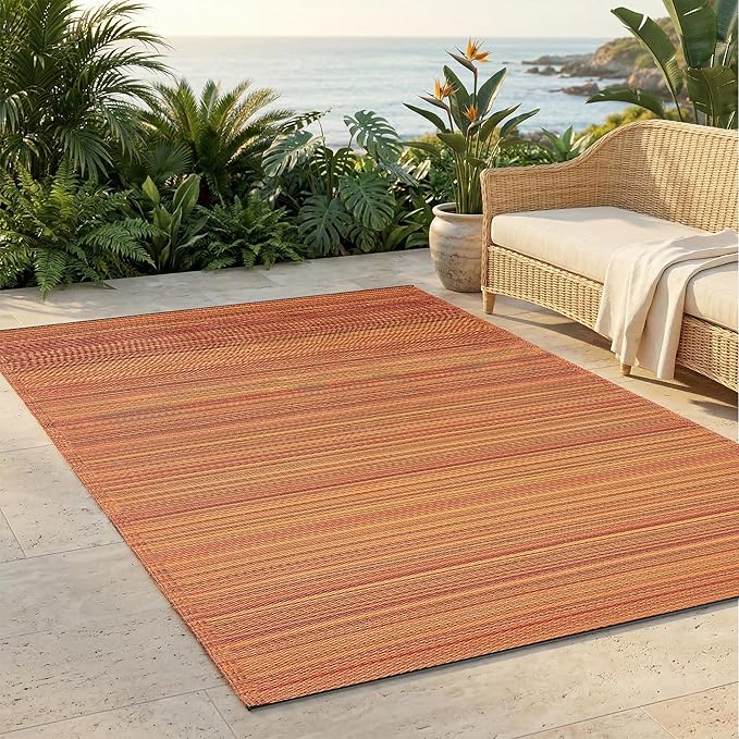 Fab Habitat Stripe Coastal Colorful Outdoor Rug - Waterproof, Crease-Free Fade Resistant, Reversible - Recycled Plastic - Patio Porch Balcony Deck Yard Garden - Cancun Terracotta - 5x8 ft