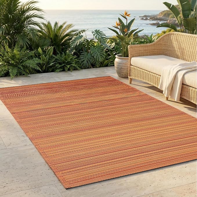Fab Habitat Stripe Coastal Colorful Outdoor Rug - Waterproof, Crease-Free Fade Resistant, Reversible - Recycled Plastic - Patio Porch Balcony Deck Yard Garden - Cancun Terracotta - 8x10 ft