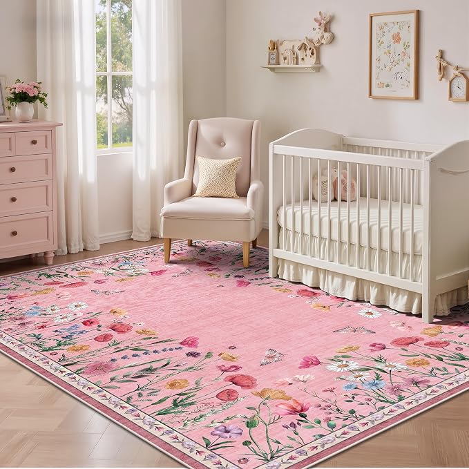 5x7 Area Rugs, Rugs for Bedroom, Indoor Non-Slip Washable Rug for Living Room, Dining Room, Low Pile Home Decor Floral Rug(Pink)