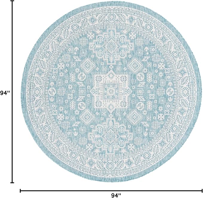 Unique Loom Outdoor Aztec Collection Area Rug - Chalca (7' 10" Round, Aqua/ Ivory)