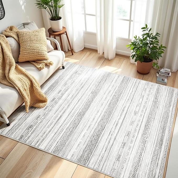 Boraya Area Rugs for Living Room: 8x10 Washable Boho Rug for Bedroom Large Neutral Bohemian Moroccan Farmhouse Geometric Dining Room Rugs Ultra Soft Floor Carpet Indoor for Home Office - Grey Ivory