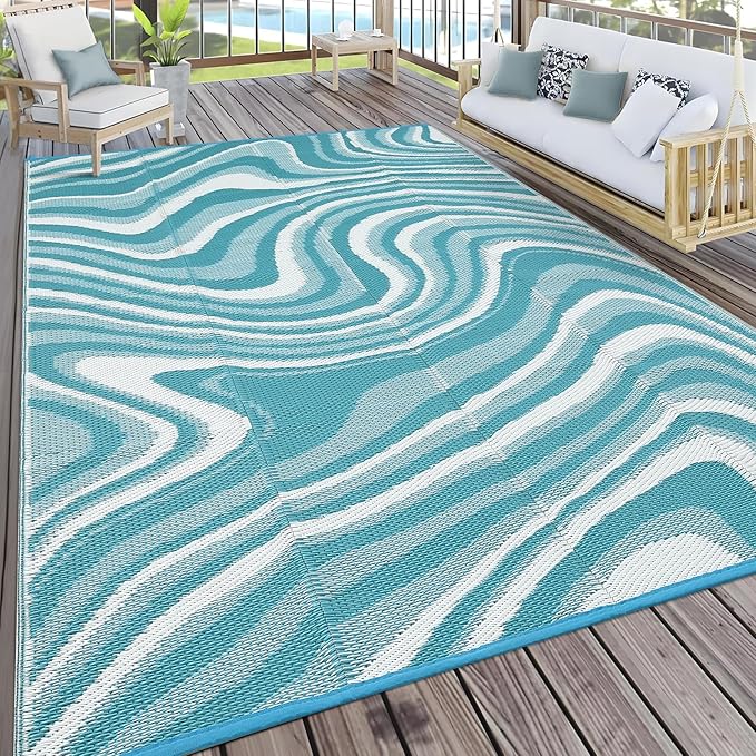 Garvee Large Modern Outdoor Rug 9x18 Patio Rugs Outdoor Waterproof Reversible Plastic Straw Camping Rug, Abstract Outside Rugs for Picnic Backyard Deck Balcony Porch Beach Trailer, Light Blue