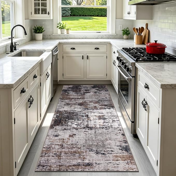 Sasttie 2x6 Runner Rug, Modern Abstract Hallway Carpet, Black & Brown | Machine Washable, Ultra-Soft Faux Wool, Low Pile, Non-Slip, Thin, for Entrance, Entryway, Kitchen & Laundry Room