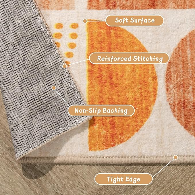 Round Rugs 5ft,Circle Area Rug Washable Non Slip Modern Abstract Boho | Circular Rugs for Bedroom Living Room Dining Room Throw Carpet Soft Low Pile Floor Indoor Bohemian Orange