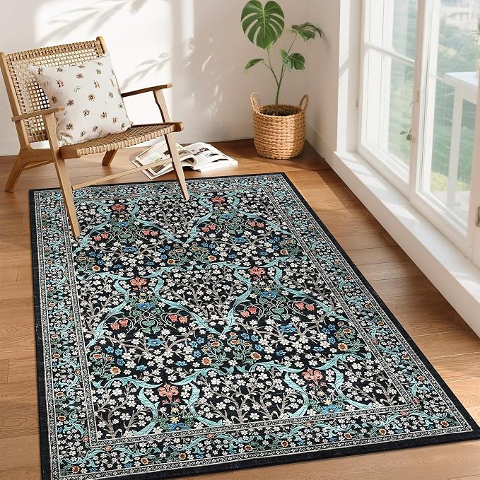 GarveeHome 4x6 Washable Area Rug for Living Room, Floral Large Entryway Kitchen Rug Non Slip, Ultra Soft Stain Resistance Carpet for Bedroom Laundry Room, Black