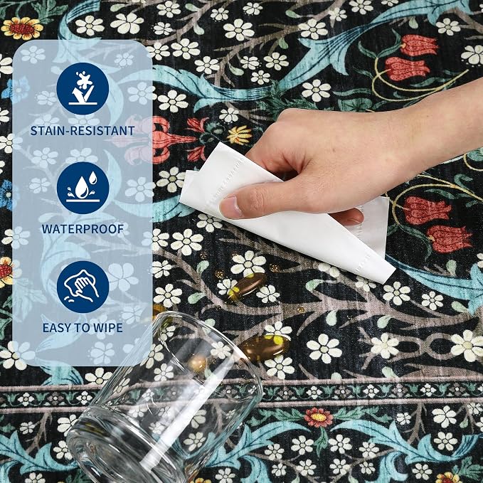 GarveeHome 6x9 Washable Area Rug for Living Room, Floral Dining Room Rugs for Under Table, Low Pile Non-Slip Stain Resistance Floor Carpet for Bedroom, Black