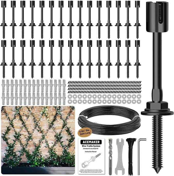 30-Set PVD Black 5/64" (2mm) Wire Trellis for Climbing Plants Outdoor with 150ft Vinyl Coated Cable, T316 Stainless Steel Wall Wire Trellis Kit