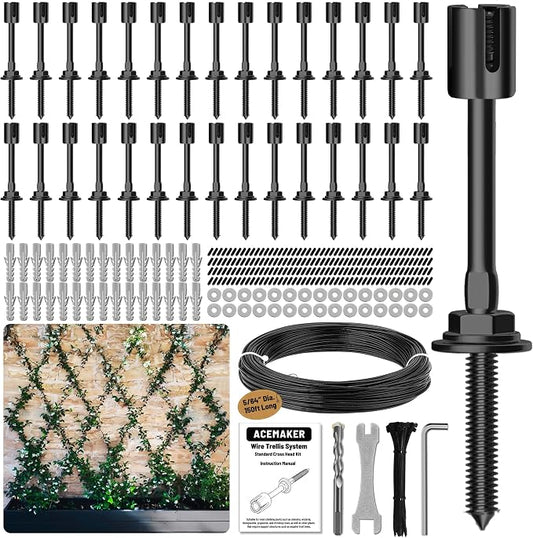30-Set PVD Black 5/64" (2mm) Wire Trellis for Climbing Plants Outdoor with 150ft Vinyl Coated Cable, T316 Stainless Steel Wall Wire Trellis Kit