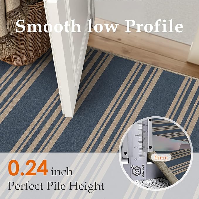 PureCozy Striped Easy Jute Rug 3x5 Blue Entryway Carpet Washable Non Slip Office Door Mat Farmhouse Neutral Non Shedding Small Indoor Outdoor Rug for Bathroom Kitchen Bedroom Living Room