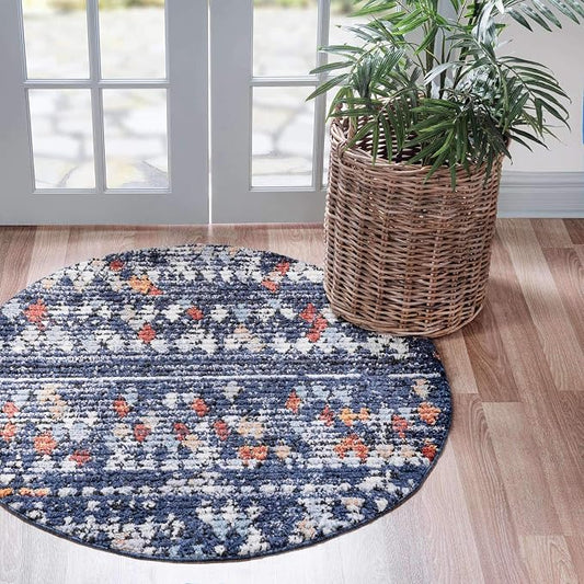 Unique Loom Morocco Collection Abstract Border, Diamond, Bohemian Area Rug (4' 0 x 4' 0 Round, Navy Blue/Black)
