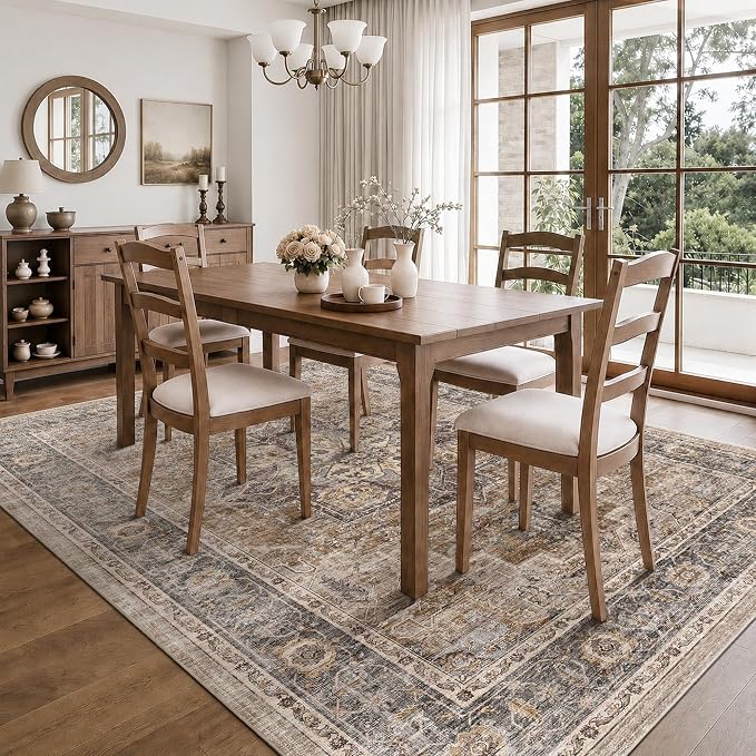 6x9 Area Rug for Living Room Soft Washable Vintage Boho Area Rug | Non-Slip, Retro Print, Low Pile, Stain Resistant, Soft Washable Brown Carpet, for Bedroom, Dining Room, Nursery, Home Office