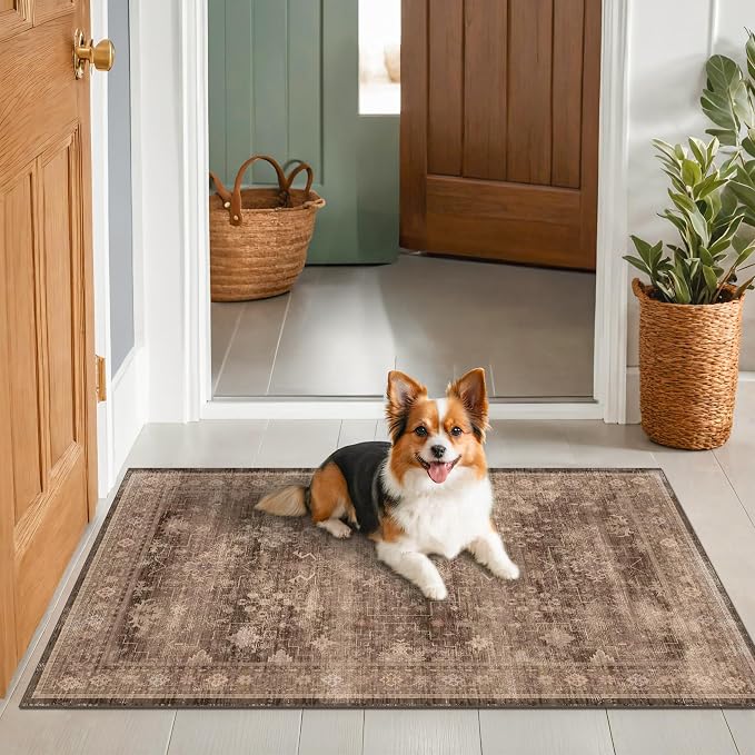 Brown Boho Washable Entry Rug, 3x4 Rugs for Entryway Kitchen Bathroom Door Mat Indoor Entrance, Non Slip Rubber Backing, Stain & Fade Resistant, Earthy Taupe Floral Design