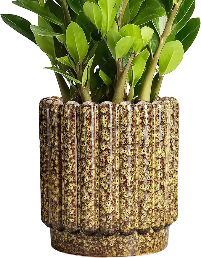 Ceramicfor Ceramic Planter, 7.6 Inch, Yellow | Round Flower Pot, Drainage Hole, Fluted Decorative Design, Indoor & Outdoor Use