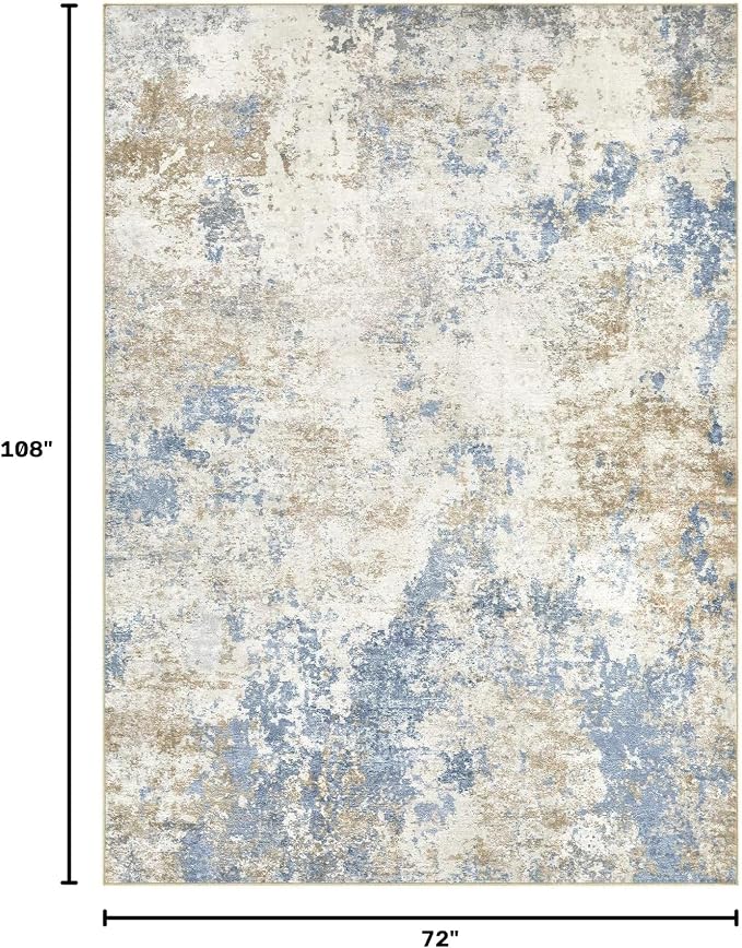 Nakagishi 6X9 Abstract Washable Area Rugs for Living Room-Blue Brown | Modern Non-Slip Silicone Backing Low Pile Soft Carpet for Bedroom Dining Decor for Families with Kids and Pets