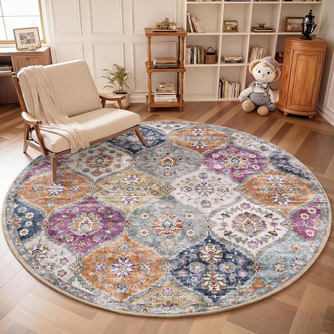 ROYHOME Washable Round Rug 5ft Moroccan Washable Area Rug, Purple/Grey | Stain Resistant Non-Slip Circle Rug Vintage Distressed Trellis Round Throw Carpet for Living Room Bedroom Kids Room Playroom