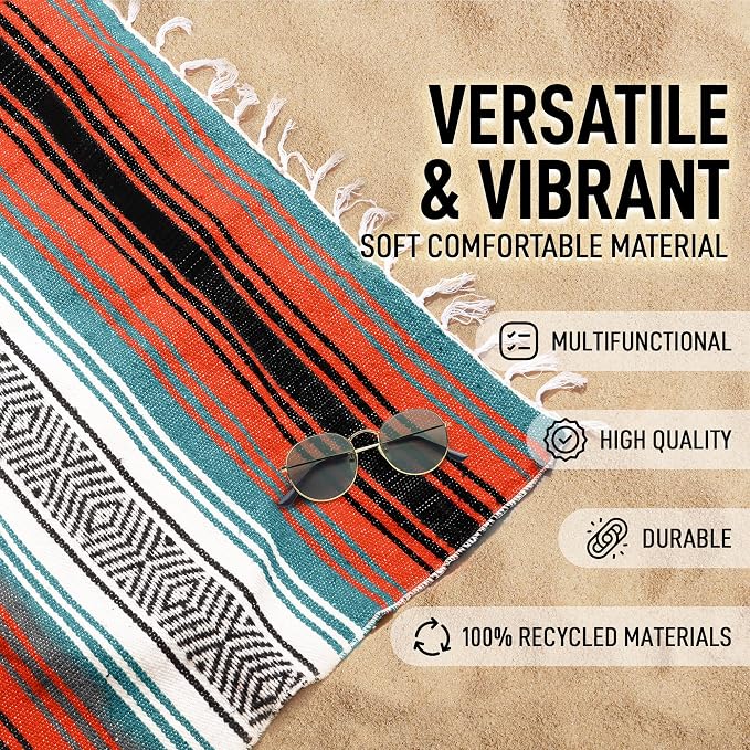 Hydration Nation Authentic Large Handwoven Mexican Blanket - Soft Yoga - Durable Serape - Lightweight Falsa, Beach, Camping, Picnic, Outdoor 70"x50" - Mandarin