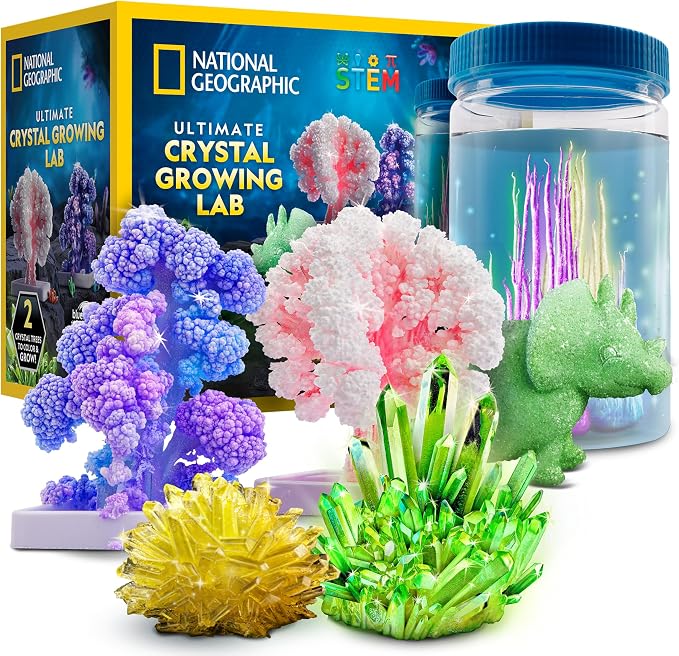 National Geographic Ultimate Crystal Growing Kit – Grow 5 Types of Crystals Including Glow in the Dark, Dinosaur Figure, Underwater Crystals & Crystal Trees with Learning Guide, STEM Science Kit