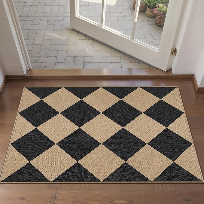 PureCozy 2x3 Checkered Easy Jute Kitchen Front Doormat Non Slip Washable Neutral Area Rug Diamond Non Shedding Low Pile Black Checkerboard Floor Carpet for Farmhouse Entryway Porch Doorway