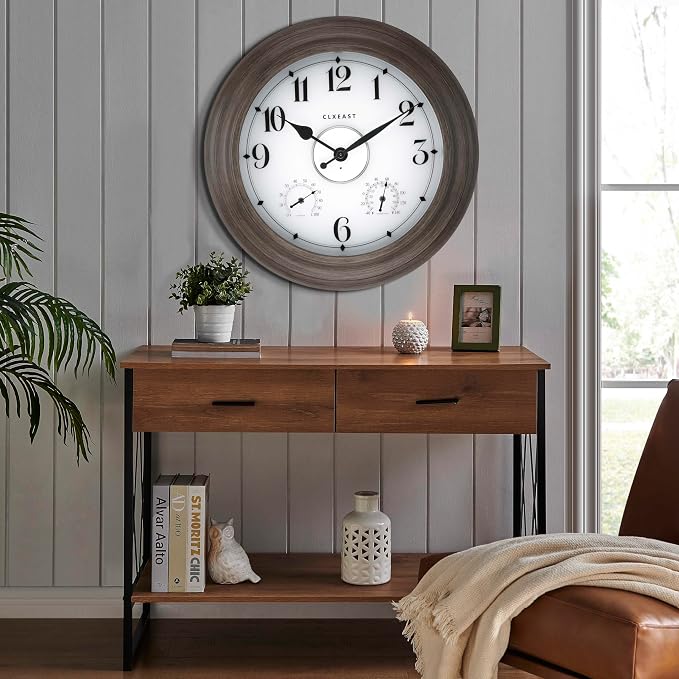 CLXEAST 24 Inch LED Illuminated Outdoor Clocks Waterproof with Thermometer & Hygrometer, Large Lighted Metal Wall Clock with Smart Night Light Sensor,Grey Oak Finish,House Warming Gifts New Home