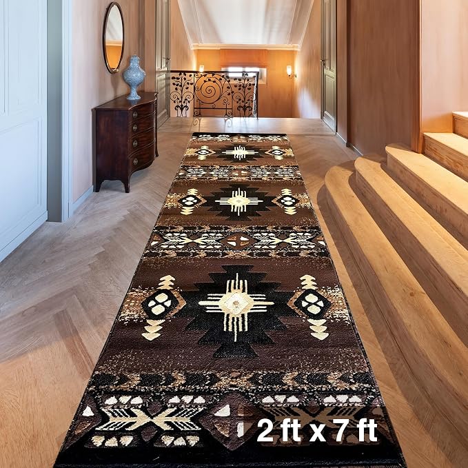 YHSF Southwest Native American Area Rug – Thick, Soft, Durable & Easy to Maintenance Tribal Design Boho Rug– Ideal for Bedroom, Living Room & Hallway - Chocolate, 2 Feet x 7 Feet