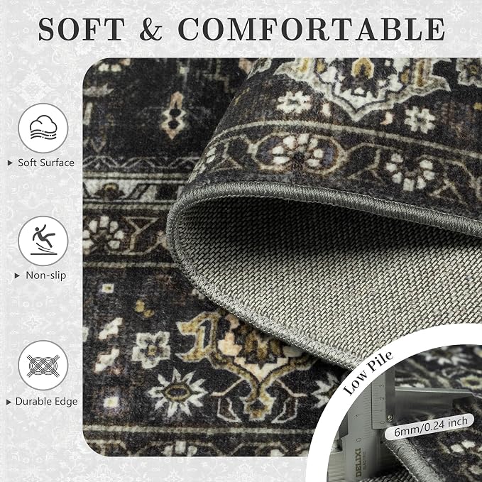 6x9 Area Rugs - Washable Vintage Retro Living Room Rug, Soft Ultra Thin Non Slip Low Pile Traditional Distressed Boho Carpet for Bedroom Dining Room Nursery Home Office, Black Gold