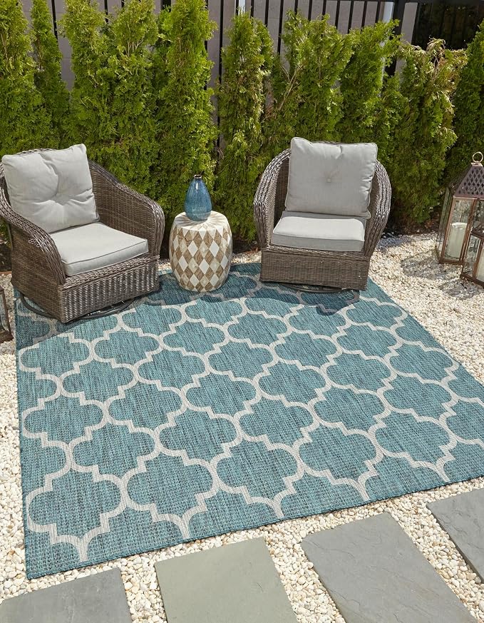 Unique Loom Outdoor Trellis Collection Area Rug - Trellis (Square 13' 0" x 13' 0", Teal/ Gray)