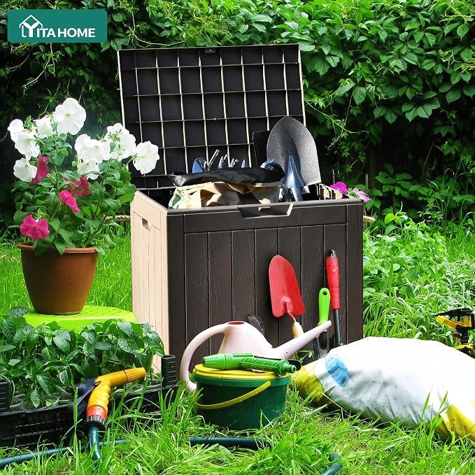 YITAHOME 31 Gallon Outdoor Storage Deck Box | Waterproof Resin Package Delivery and Storage Box with Lockable Lid for Patio Furniture Cushions, Pool Accessories, Garden