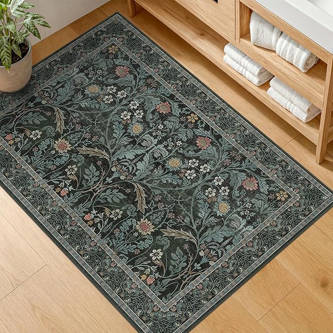 Washable Entry Rug 2x3 Non Slip, Vintage Small Throw Rugs for Bathroom, Entry Way, Kitchen, Dusty Teal Front Door Mat Indoor Entrance, Bedroom, Ultra Soft Low Pile Stain Resistant (Dark Green)