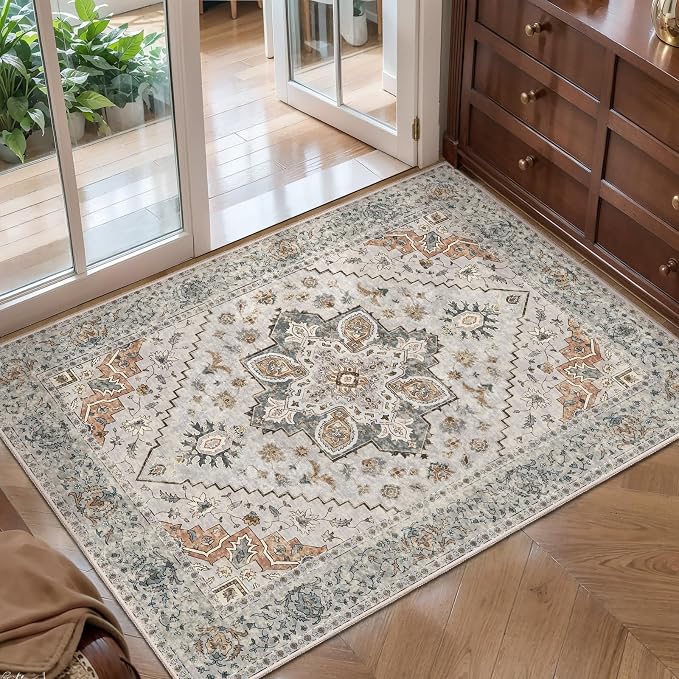 Tangsoo Vintage Small Washable Rugs for Entryway, 2x3 Rug Non Slip Grey Rug Throw Accent Indoor Front Door Distressed Door Mat, Soft Low Pile Area Rugs for Entrance Kitchen Bathroom