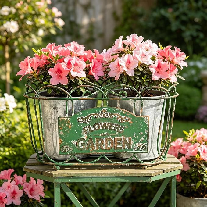 Vintage 2-Piece Metal Planter Set, Distressed Green Iron Wire Basket with Flowers Garden Sign, Rustic Farmhouse Plant Pots for Tabletop, Window Sill & Balcony Decor (Green)