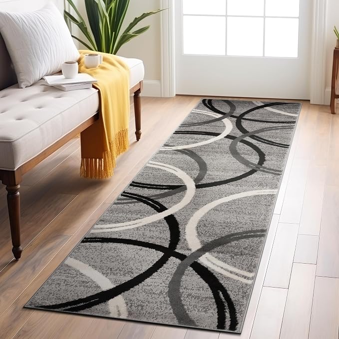 Rugshop Wavy Circles Jute Backing Living Room Runner Rug Gray 2'7" x 6' | Rectangular, Size 2'7" x 6', Bedroom, Dining Room, Home Office, Kitchen, Entryway, Hallway, Nursery, Kids Room, Guest Room
