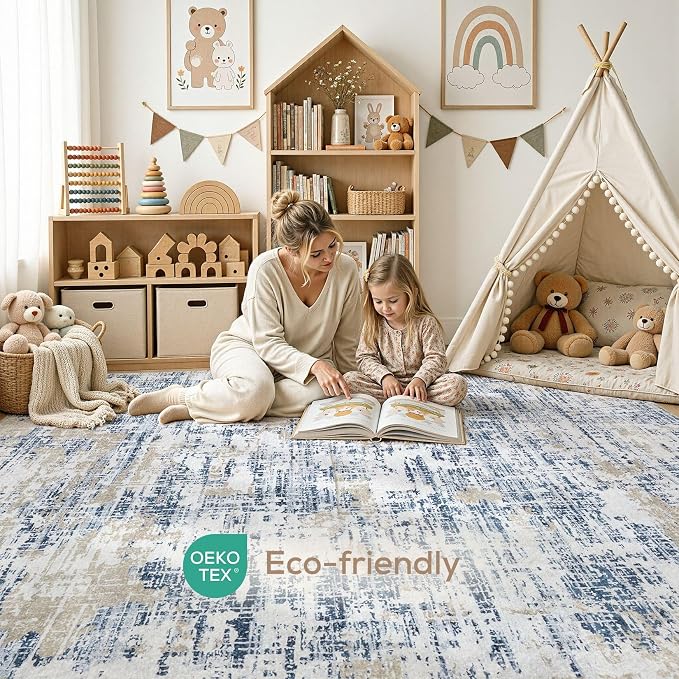 Nakagishi 8X10 Abstract Washable Area Rugs for Living Room-Blue Golden | Modern Non-Slip Silicone Backing Low Pile Soft Carpet for Bedroom Dining Decor Ideal for Families with Kids and Pets