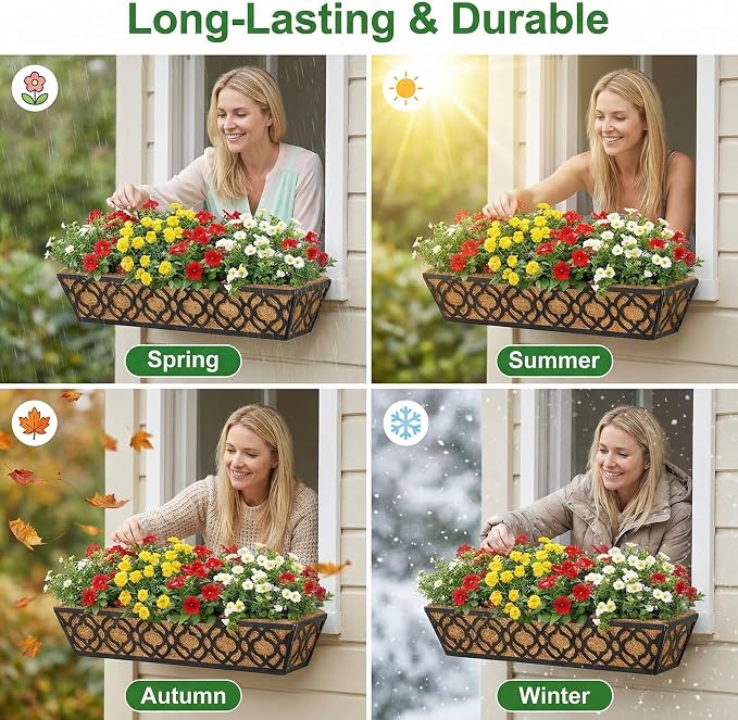 Y&M Deck Railing Planter Boxes, Adjustable Balcony Planter for Outdoor Plants, Metal Railing Planter Box for Deck, Fence and Porch, Window Boxes Outdoor, Sturdy Hanging Planter-24inch 2pcs