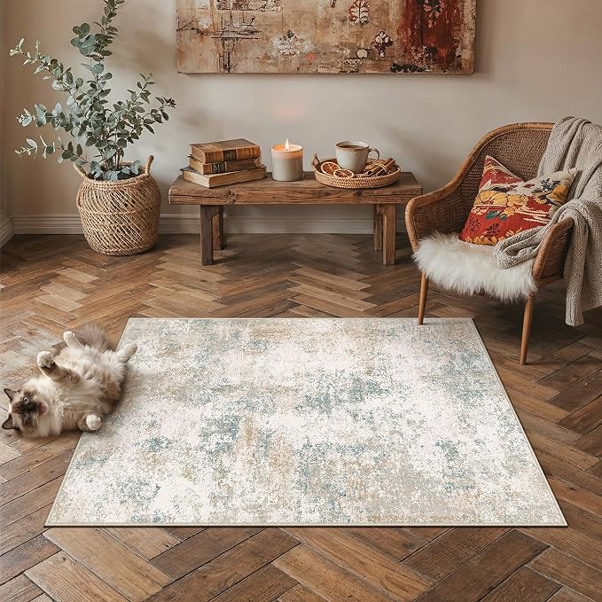 3x5 Beige Blue Modern Abstract Washable Area Rug for Entryway | Low Pile, Non Slip, Modern Abstract Style, Soft Indoor Rug for Entryway, Kitchen, Bathroom, Door Mat, Home Decor